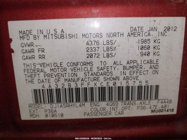 2012 MITSUBISHI GALANT 4A32B3FFXCE015755 Photo 8