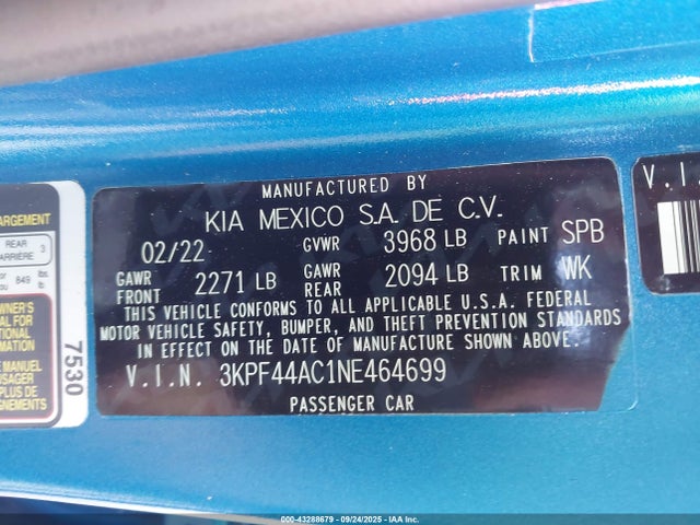 3KPF44AC1NE464699 KIA t-gdi gamma