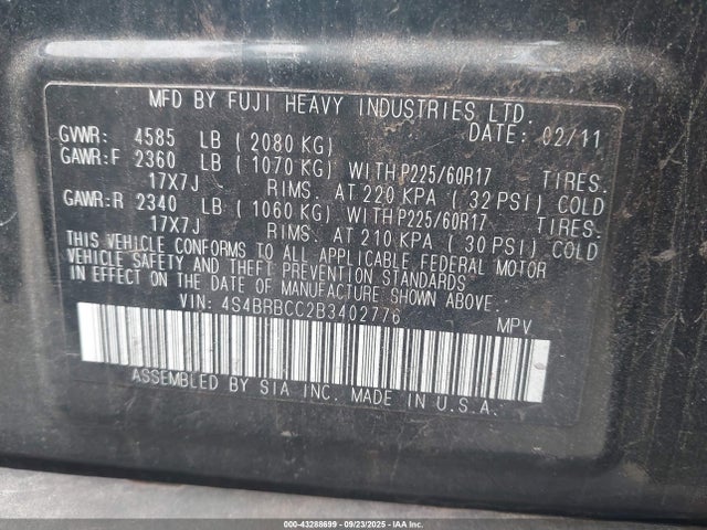 Продаж на аукціоні авто 2011 Subaru Outback 2.5i Premium, vin: 4S4BRBCC2B3402776, номер лоту: 43288699