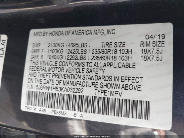 2019 HONDA CR-V 5J6RW1H83KA032292 Photo 8