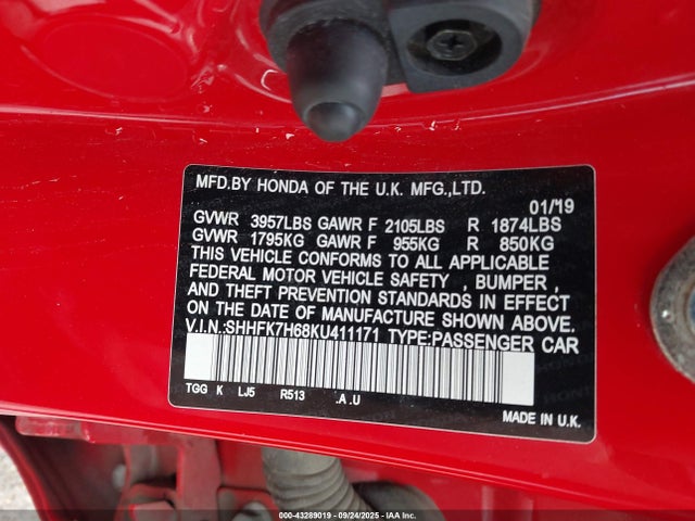 Aukcja sprzedaży 2019 Honda Civic Ex, vin: SHHFK7H68KU411171, numer aukcji: 43289019