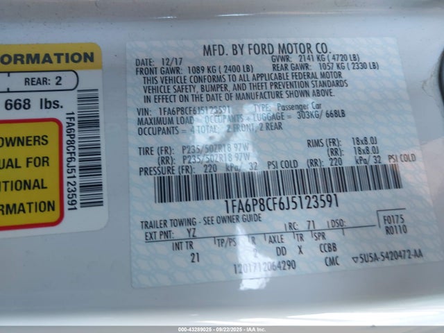 Ford 5.0l 4v premium fuel 2018 1FA6P8CF6J5123591 Image 9
