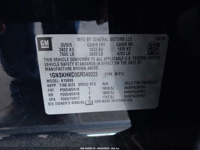 1GNSKHKC0GR340223 Chevrolet l83 - sidi, vvt, afm, e85 max, aluminum