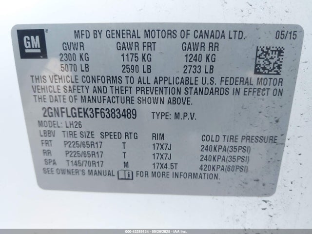 43289124 :رقم المزاد ، 2GNFLGEK3F6383489 vin ، 2015 Chevrolet Equinox 2lt مزاد بيع