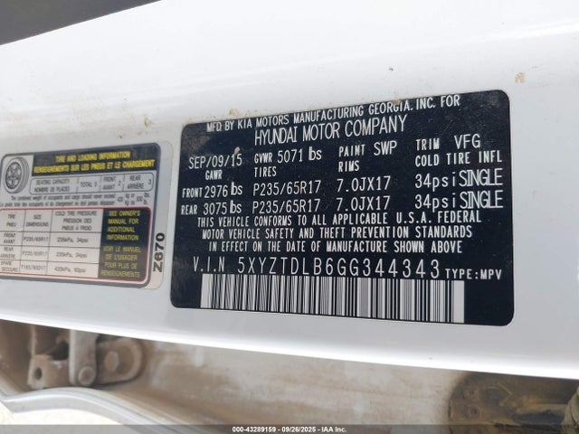 5XYZTDLB6GG344343 Hyundai gdi theta ii