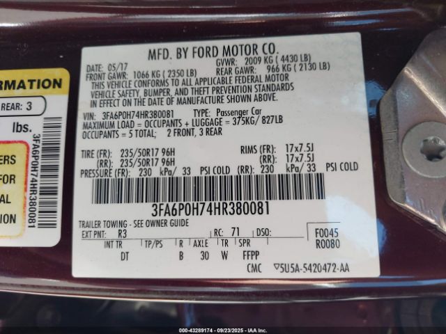 2017 FORD FUSION 3FA6P0H74HR380081 Photo 8