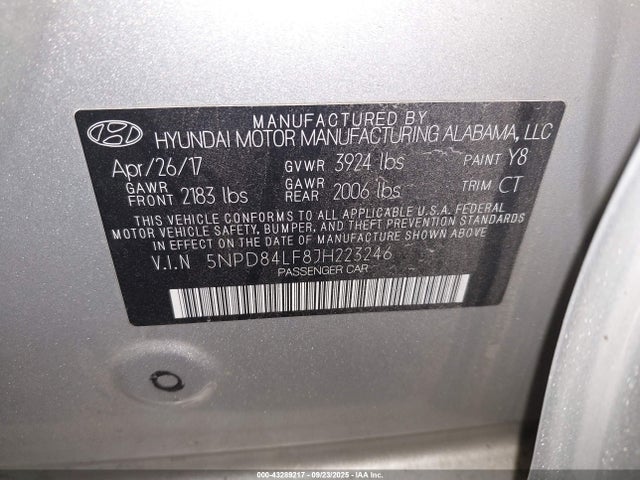 5NPD84LF8JH223246 Hyundai mpi nu