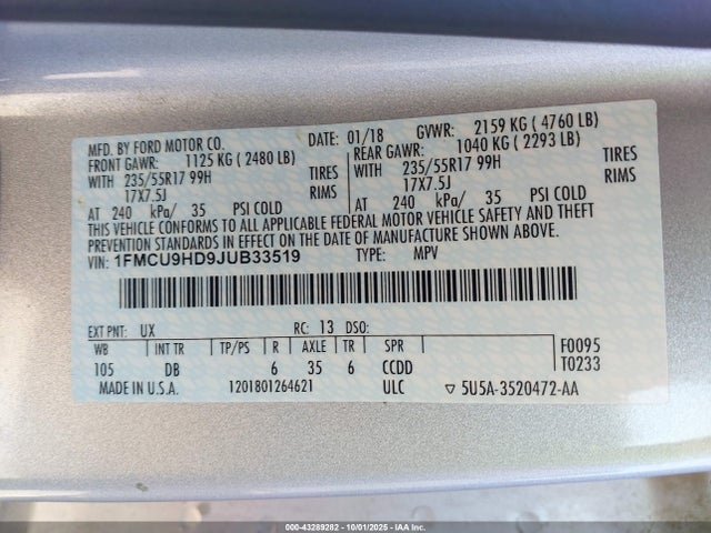 1FMCU9HD9JUB33519 Ford 1.5l gtdi sigma w/premium fuel