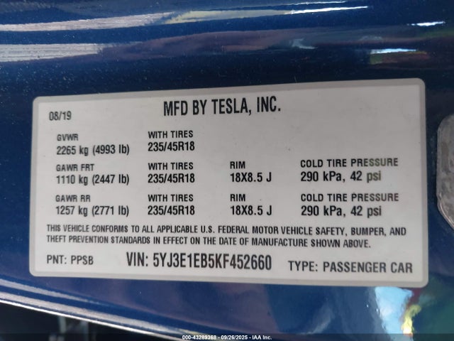 2019 TESLA MODEL 3 5YJ3E1EB5KF452660 Photo 8