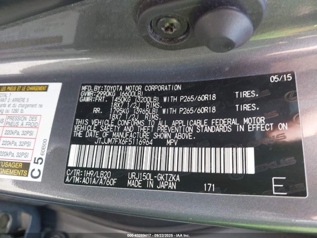 Lexus 1ur-fe 2015 JTJJM7FX6F5116964 Image 9