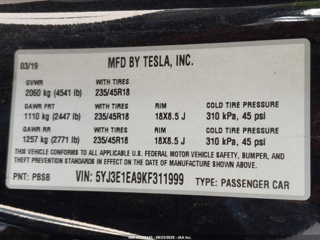 2019 TESLA MODEL 3 5YJ3E1EA9KF311999 Photo 8