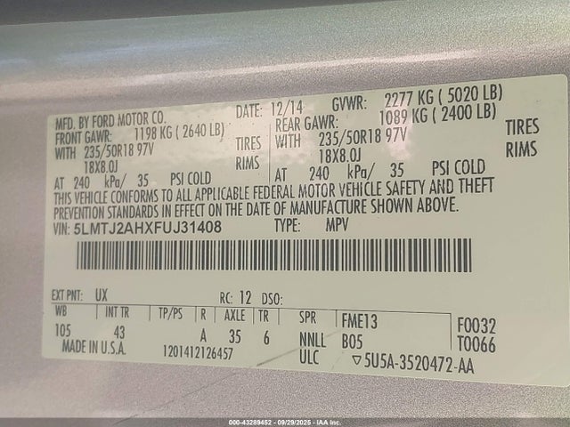 5LMTJ2AHXFUJ31408 Lincoln MKC