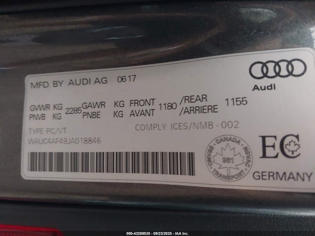 43289530 :رقم المزاد ، WAUC4AF49JA018846 vin ، 2018 Audi S4 3.0t Premium Plus مزاد بيع