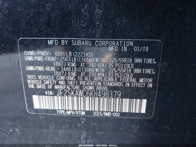 JF2SKAWC6KH498379 Subaru naturally aspirated u5