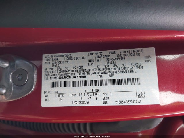 1FMCU9J92NUA77600 Ford gtdi 240ps