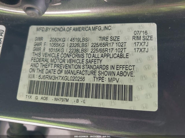 5J6RM3H7XGL020256 Honda k24w9