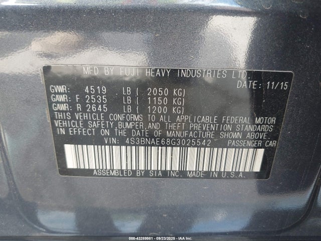 Subaru 2.5l u5 2016 4S3BNAE68G3025542 Image 9