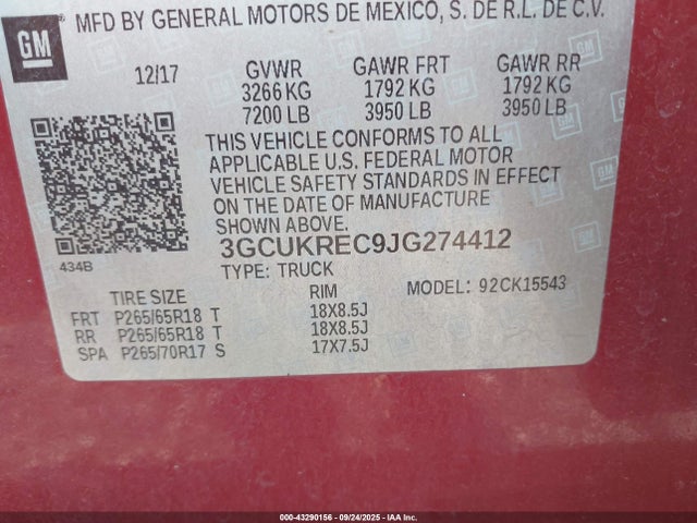 3GCUKREC9JG274412 Chevrolet l83 - sidi: spark ignited direct injection, vvt: variable valve timing, afm, e85 max, alum