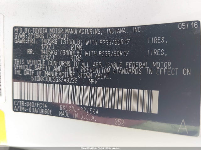 Toyota 2gr-fks 2016 5TDKK3DC5GS749232 Image 9