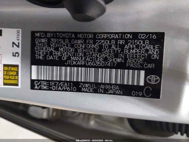 JTDKARFU6G3507417 Toyota 2zr-fxe,1nm