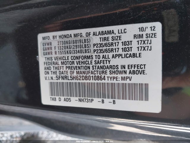 Aukcja sprzedaży 2013 Honda Odyssey Ex-l, vin: 5FNRL5H62DB010864, numer aukcji: 43290567