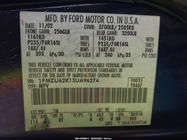 2003 FORD EXPLORER 1FMZU62K13UA96274 Photo 8