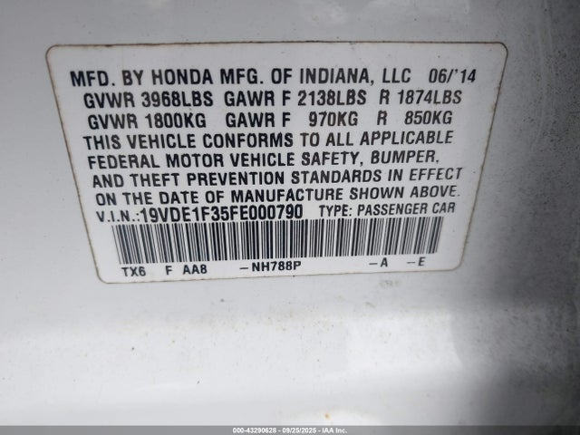 Acura r20a5 2015 19VDE1F35FE000790 Image 9