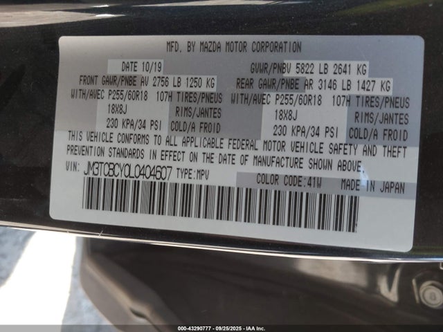 2020 Mazda Cx-9 Touring მანქანა იყიდება აუქციონზე, vin: JM3TCBCY0L0404607, აუქციონის ნომერი: 43290777
