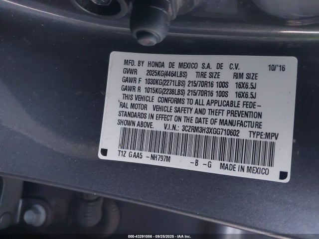 Honda k24w9/k24v1 2016 3CZRM3H3XGG710602 Image 9