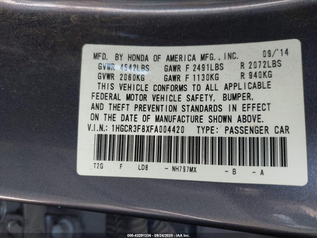 Honda j35y1 2015 1HGCR3F8XFA004420 Image 9