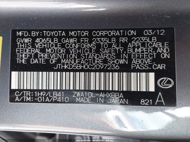 Aukcja sprzedaży 2012 Lexus Ct 200h Premium, vin: JTHKD5BH0C2097236, numer aukcji: 43291494