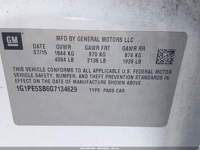Auction sale of the 2016 Chevrolet Cruze Limited 1lt Auto, vin: 1G1PE5SB6G7134629, lot number: 43291548