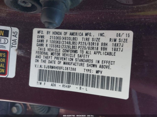 Honda k24w9 2015 5J6RM4H99FL087288 Image 9