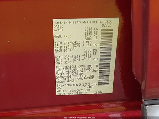43291959 :رقم المزاد ، 5N1AZ2MG3FN217255 vin ، 2015 Nissan Murano Sv مزاد بيع