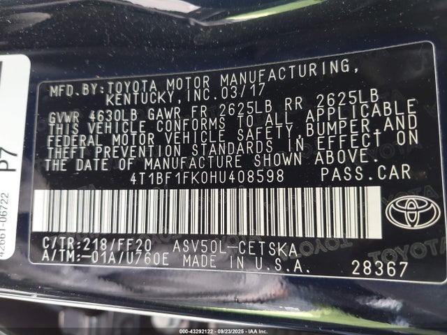 4T1BF1FK0HU408598 Toyota 2ar-fe