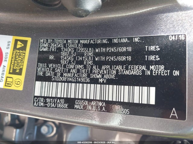 5TDZKRFH4GS149036 Toyota 2gr-fe