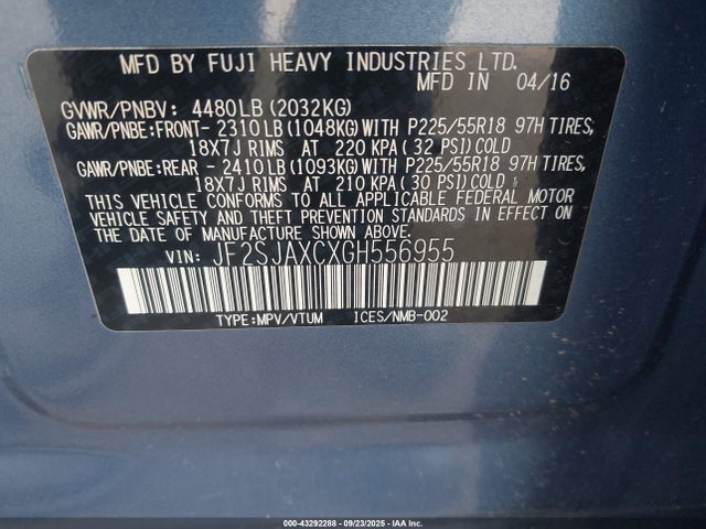 JF2SJAXCXGH556955 Subaru naturally aspirated u5