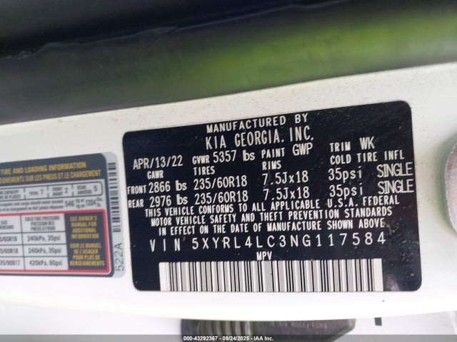 5XYRL4LC3NG117584 KIA gdi theta-iii