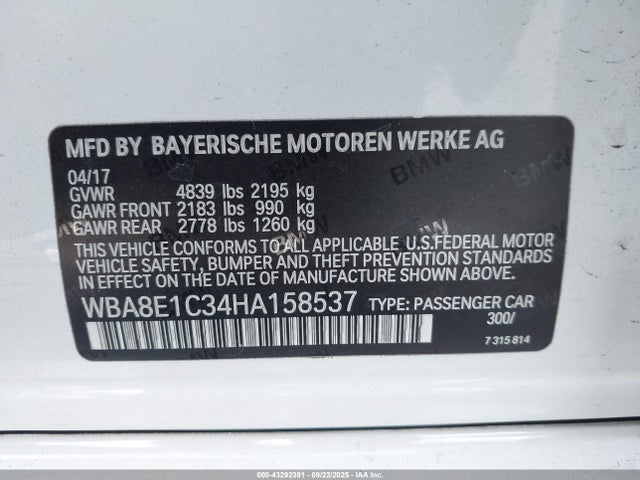WBA8E1C34HA158537 BMW 2017