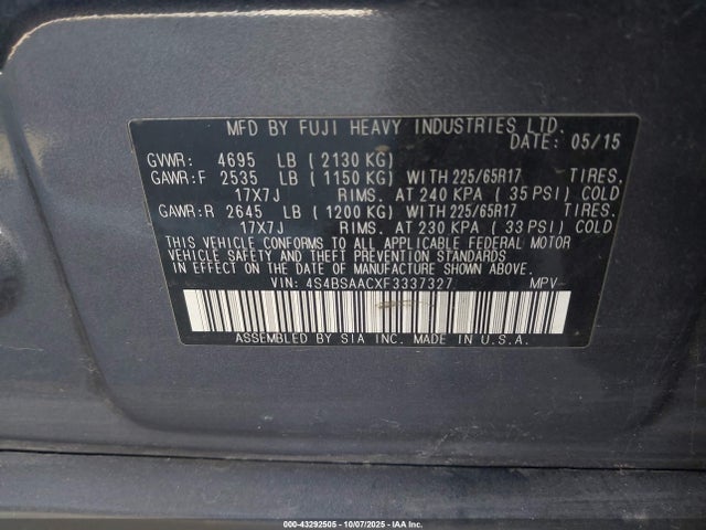4S4BSAACXF3337327 Subaru Outback 2.5i