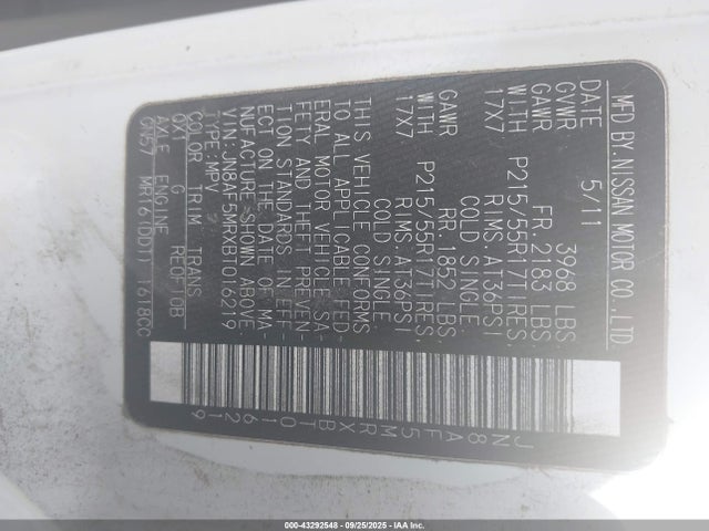 Продажа на аукционе авто 2011 Nissan Juke Sv, vin: JN8AF5MRXBT016219, номер лота: 43292548