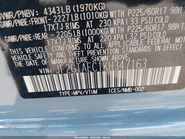 JF2GTAEC1KH347163 Subaru naturally aspirated