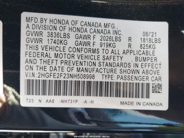 2022 HONDA CIVIC 2HGFE2F23NH508998 Photo 8