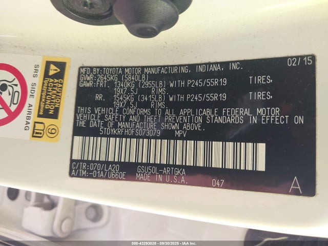 Toyota 2gr-fe 2015 5TDYKRFH0FS073079 Image 9