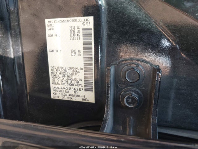 2012 Nissan Maxima 3.5 Sv მანქანა იყიდება აუქციონზე, vin: 1N4AA5AP4CC836283, აუქციონის ნომერი: 43293417
