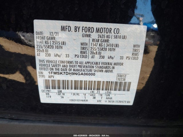 1FMSK7DH9NGA06000 Ford ecoboost