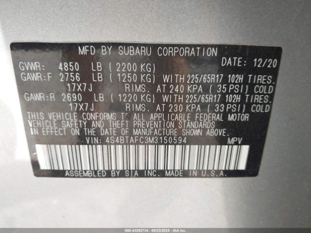 2021 SUBARU OUTBACK 4S4BTAFC3M3150594 Photo 8