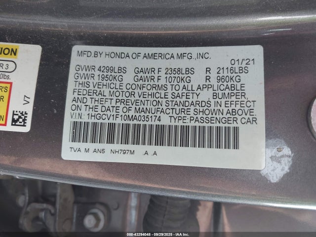 Aukcja sprzedaży 2021 Honda Accord Lx, vin: 1HGCV1F10MA035174, numer aukcji: 43294048