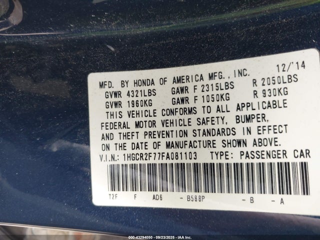 Honda k24w1 2015 1HGCR2F77FA081103 Image 9