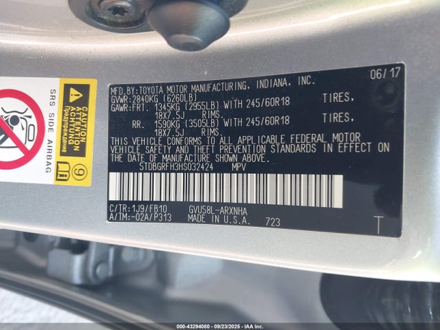 Toyota 2gr-fxs, 4jm+2fm 2017 5TDBGRFH3HS032424 Image 9